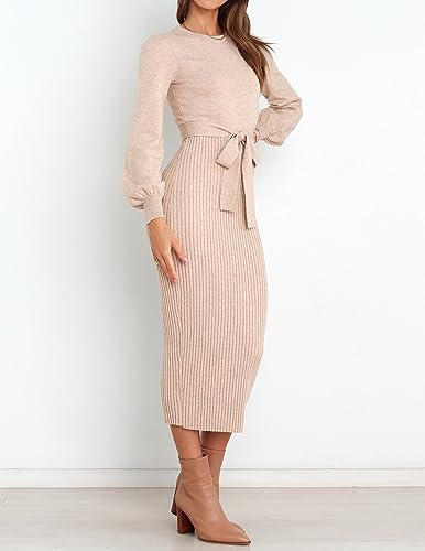 Image of HAEOF Womens 2026 Fall Midi Sweater Dress Winter Puff Long Sleeve Bodycon Ribbed Knit Trendy Business Casual Work Dresses