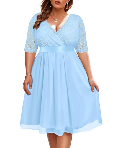 Image of Pinup Fashion Plus Size Lace Chiffon Wrap V Neck Dresses Women Cocktail Wedding Guest Midi Dress
