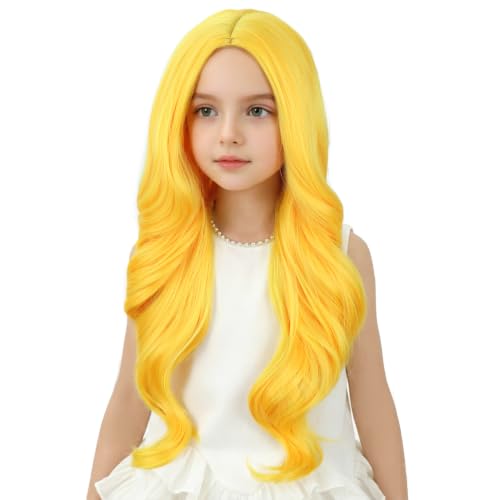 Image of Women Gold Yellow Wig Women Long Yellow Wavy Curly Wig Long Middle Part Wigs for Women Heat Resistant Synthetic Wigs with Cap
