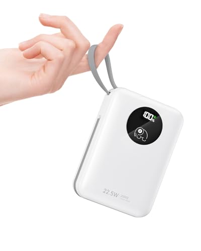 Batería externa de 20000 mAh con cable incorporado: 22,5 W Power Bank de carga rápida para teléfono móvil, batería USB C (Input & Output)