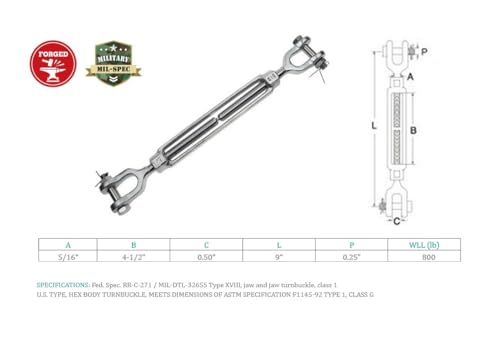 Prolinemax Turnbuckle de acero inoxidable T316 forjado en gota 5/16" x 4-1/2" Quijada Quijada 800 Lbs WLL miniatura 2