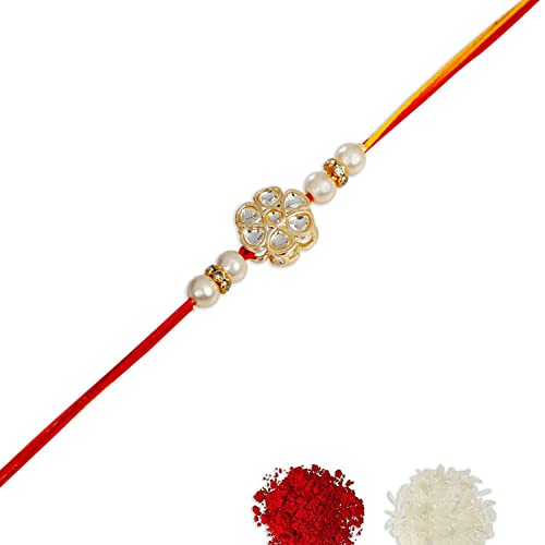 Image of ACCESSHER White Floral Kundan Rakhi with Beads for Brother Pack of 1 with Roli Kumkum Packets and Happy Rakshabandhan Card for Raksha Bandhan