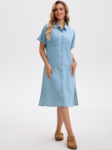 Image of Women's Midi Denim Dress Summer Short Sleeve Button Down Casual Loose Long Tunic Jean Shirt Dress