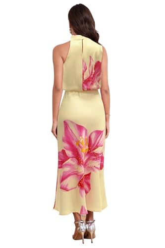 Image of Women's Satin Maxi Dress Summer Formal Wedding Guest Cocktail Dress | Mock Neck Sleeveless,Elegant Silk Midi Long Dress,High Neck,Halter,Aline,Bridesmaid,Bridal Shower Guest,Garden Party,Dinner