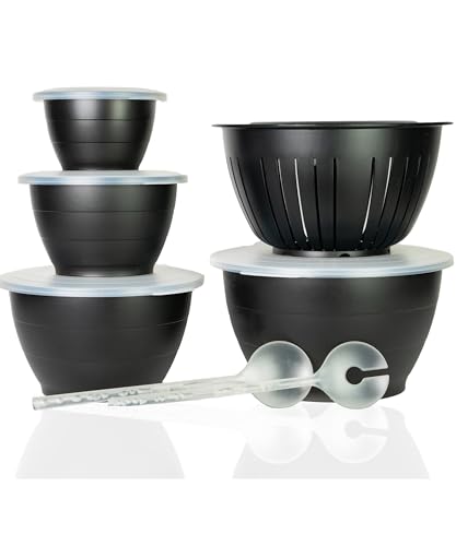 Thiru Lot de 6 saladiers noirs avec couvercles – 6 pièces 0,6L/1,3L/2,5L/4,4L – Avec couvercle, passoire, couverts à salade – Sans BPA – Fabriqué en...