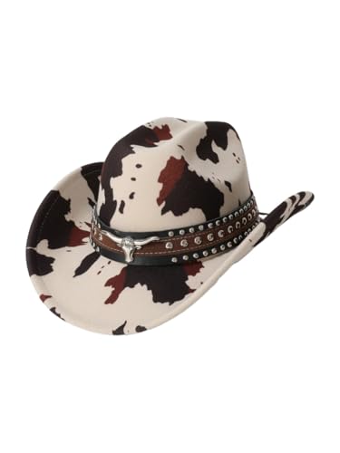 GORGLITTER Women's Cowboy Hat Cow Print Western Trendy Metal Bull Hatband Party Cowgirl Hats Vacation 2025 Cow Pattern One Size