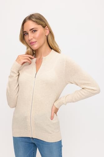 Image of Women's 100% Cashmere Soft Long Sleeve Crew Neck Open Zip Cardigan