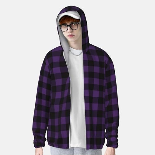 Zip Up Hoodie for Men Women - Purple Black Plaid Hooded Sun Long Sleeve Shirt Men Women with Pockets3