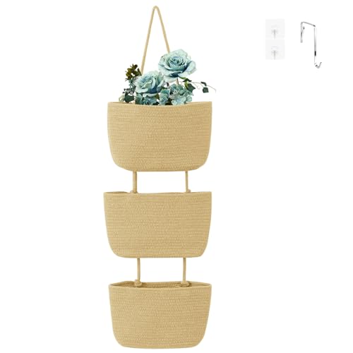 OUINGTEX Over The Door Organizer Hanging Basket,3-Tier Boho Woven Wall Decor Baskets Cotton Wall Mounted Storage Organizer Bag for Home Decor Kitchen Laundry Room Dorm（Jute）