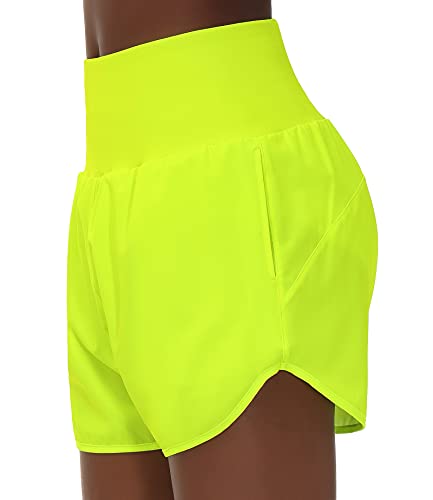 Wjustforu Women s Running Shorts High Waist Workout Shorts with Pockets Quick-Dry Athletic Shorts Pants (Fluores Yellow, X-Large)