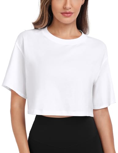 HeyNuts Pima Cotton Short Sleeve Workout Cropped Tops for Women Crew Neck Casual Basic Athletic Crop T-Shirt