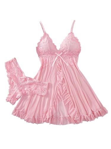 Foxiny Sexy Ruffle Sheer Mesh Lace Wireless Babydoll Lingerie Dress with Thong 2 Piece Women Panty Set Negligee Nighty Night Gown Sleep Wear Ruched See Through Pink Medium