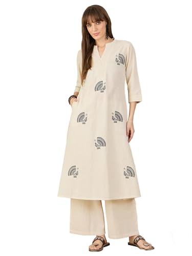Image of INDO ERA Women's Pure Cotton Animal Embroidered A-Line Kurta & Palazzo Set (Off White IESTR11998 Small)