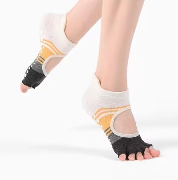XFyt Cotton Blend Pack Of 2 Open Toe Yoga Ankle Length Socks For Women | Ideal For Workouts/Pilates/Dance | Anti Slip Breathable Woman Socks (Yellow & Pink) 3