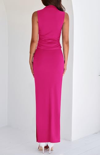 BTFBM Summer Two Piece Skirt Set for Women 2025 Dressy Lightweight Sleeveless Knit Top Going Out Split Maxi Skirt Set
