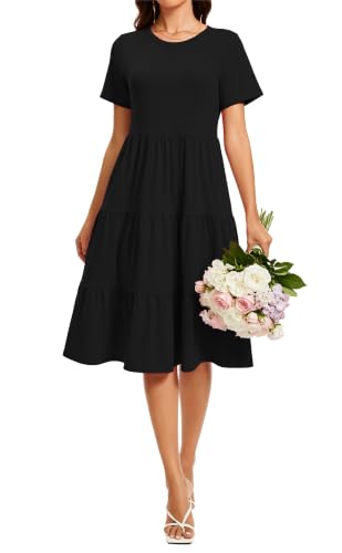 Image of Womens Summer Short Sleeve Crew Neck Midi Dress 2026 Casual Fit Flowy Tiered Beach Vacation Sundress with Pockets