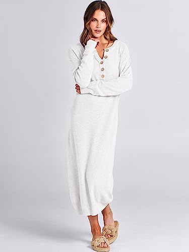 Image of ANRABESS Women Long Sleeve Button V Neck Oversized Casual Loose Fit Waffle Knit Fall Midi Sweater Dress 2026 Trendy Outfits
