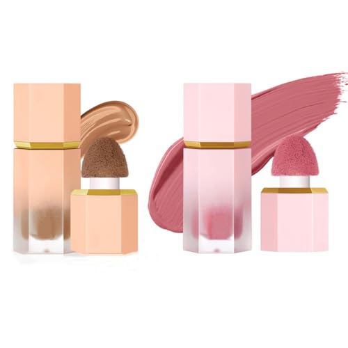 Beauty Searcher Set de maquillaje para colorete y contorno, ligero y transpirable, colorete en crema de larga duración- esponja incorporada- set de regalo para maquillaje facial (#Colorete1+Contorno1)