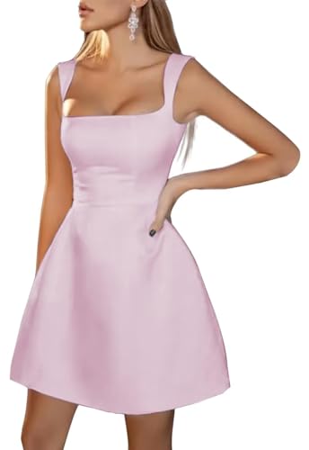 Image of Spaghetti Straps Short Homecoming Dresses Sqaure Neck Satin Mini Cocktail Dress Wedding Party Gowns