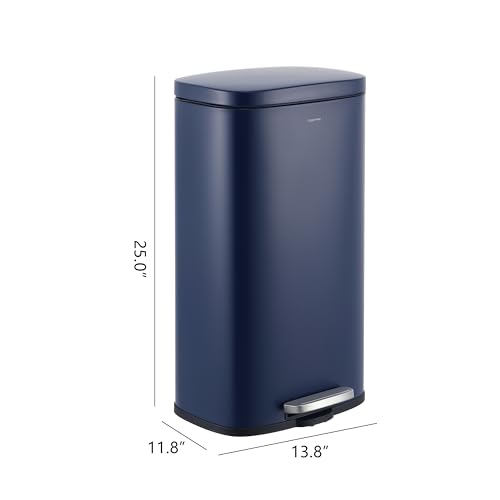 Image of happimess Curtis 8 Gal Step Trash Can Soft Close 25 inch, Denim Blue | Iron Construction, Satin Finish, Removable Liner, Steel Pedal, 20 Trash Bags Included, Kitchen Office Bin