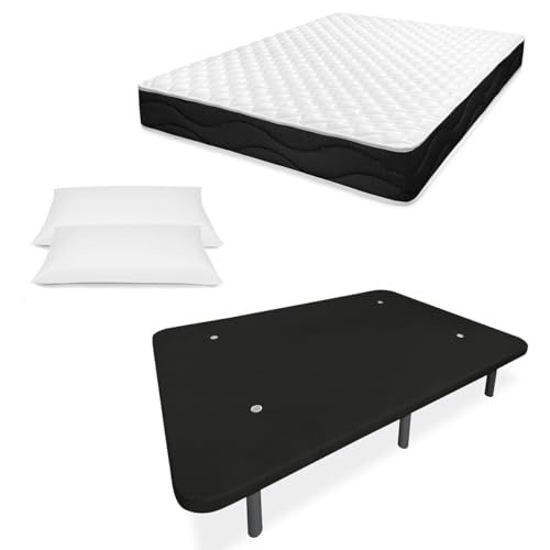 amuéblate online - Cama Completa con Colchón Viscoelástico Venus + Base Tapizada Reforzada con 6 Patas Roscadas + Almohadas, 150 x 190, Negro