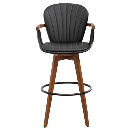 Image of LUNLING 26 inch Counter Height Stools,Mid Century Modern Bar Stools,Black PU Leather Kitchen Island Stool,Wood High Barstools Swivel with Back and Arms for Home Bar Furniture,1PCS