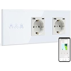 Persianas Normales BSEED Doble Enchufe Normal con WiFi Interruptor de Persianas,Compatible con Alexa y Google Home,Control de APP y Función de Temporizador,Blanco Schuko Enchufe con 1 Puerto Tipo C y 1 Puerto USB
