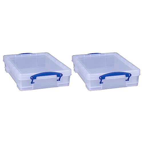 Really Useful Box 4 Liter Plastic Stackable Storage Container w/Snap Lid & Built-In Clip Lock Handles for Home & Office Organization, Clear (2 Pack)