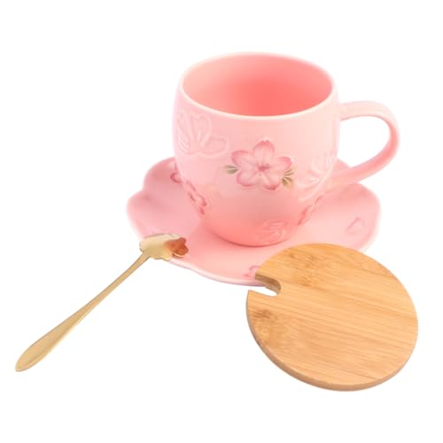 DINHEAROM 陶瓷マグカップ 木製蓋付き ソーサー スプーン セラミック素材 持ちやすい グリップ感 ホーム アウトドア用 向け