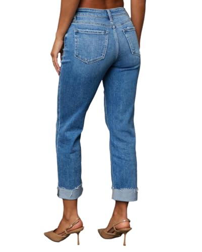 Women's Mid Rise Cropped Boyfriend Jeans Rolled Hem Casual Stretch Straight Leg Denim Pants3