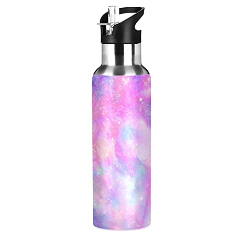 Botella de agua para niños con diseño de galaxia de mármol morado, con tapa con pajilla, botella de agua aislada de acero inoxidable a prueba de fugas para gimnasio al aire libre, 20 onzas