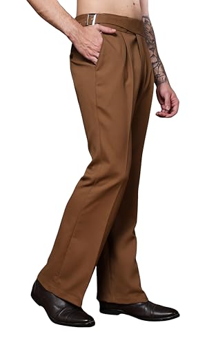 Image of Mens Beige Gurkha Pants with Classic Buckle Closure Premium Casual Bell Bottom Trousers for Men High Waist Pleated Formal & Casual Wear Pant Stylish Retro Flared Bottom Pant