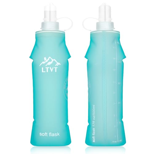 Meng Jiaran 2-Pack Soft Flask 500ml Running Water Bottle, Collapsible, Reusable, Lightweight, Ideal for Running, Hiking, Cycling, Marathon, Turquoise, 2 Count, 500ml, TPU