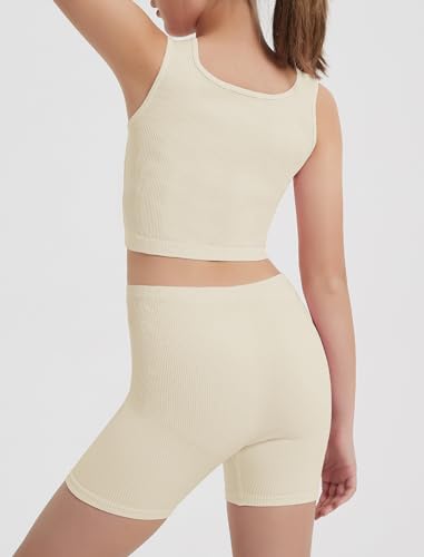 Image of EXARUS Girls 2 Piece Outfits Seamless Ribbed Cropped Tank Top Shorts Set | Teen Two Piece Outfit Tween Summer Dance Vacation Yoga Crew Neck Youth Athletic Workout Set Kids High Waist Elasticity 6-14Y