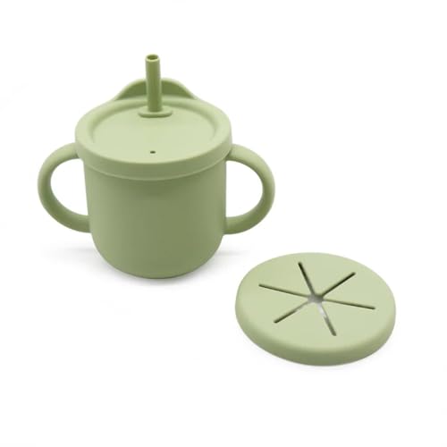 Image of Moonkie Silicone Baby Cups with Straw and Lid for Snacks, 8.5 oz Spill-Proof Sippy Cups, Training Cup for Toddlers Ages (Green 2 in 1)