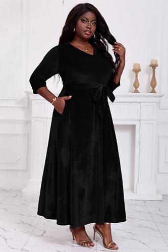 Image of Runwind Plus Size Dress for Women - 3 /4 Sleeve V Neck Maxi Dresses for Women (XL-6XL)