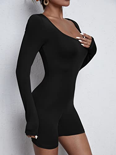 Oyoangle Women'S Solid Scoop Neck Long Sleeve Short Pant Jumpsuits Unitard Romper Black Xs thumb #3