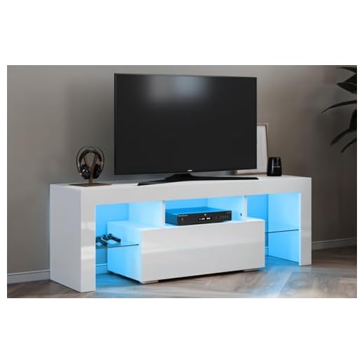 SONNI TV Board Weiss, Griffloses Design, TV Schrank Hochglanz, Fernsehtisch mit LED Beleuchtung, 12 Farben können eingestellt Werden, TV-Regal, Lowboard für Fernseher bis zu 65 Zoll, 130x35x45cm.
