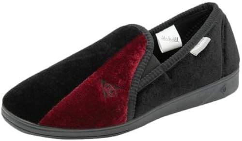 DUNLOP Mens Full Slippers Classic Velour Twin Gusset Comfort Sturdy Rubber Outsole Sole Washable House Shoes (Black/Burgundy, 8, UK Footwear Size System, Adult, Men, Numeric, Medium, 8)