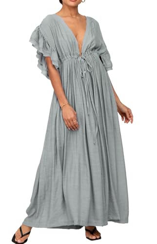 Image of R.Vivimos Maxi Dresses for Women 2026 Summer Short Sleeve V Neck Drawstring Tie Boho Loose Flowy Long Dresses with Pockets