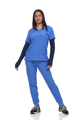 Flex Core New York Scrub Set Top with Long Knitted Sleeves and Jogger Pants with 3 Pockets Stretch Lightweight (Ciel, Medium)