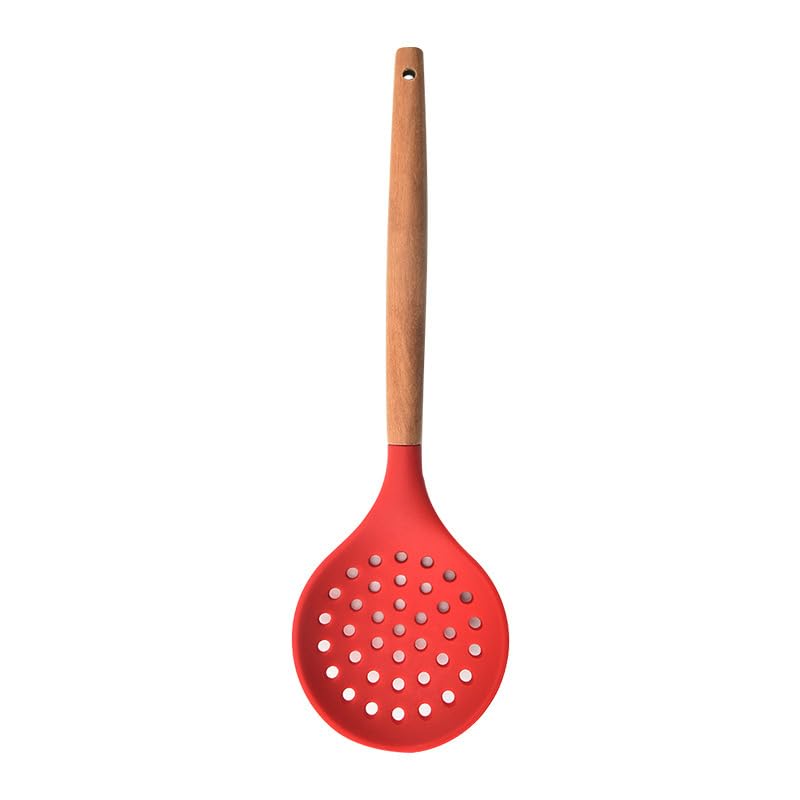 Namzi Non-Stick Silicone Kitchen Utensils,Cooking Strainer Wooden Handle Colander Spoon Skimmer Strainer BPA Free for Baking & Serving Red 12.68