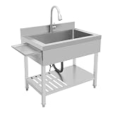Lavando in acciaio inossidabile a libera installazione, lavello singolo lavello da cucina rettangolare con piedistallo, lavello mobile per cucina, garage, esterno (90x57x94cm)
