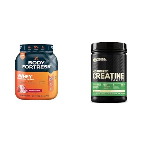 Body Fortress 100% Whey, Premium Protein Powder, Strawberry, 1.78lbs & Optimum Nutrition Micronized Creatine Monohydrate Powder, Unflavored, Keto Friendly, 60 Serving - Protein Powder + Monohydrate, 60 Servings - Strawberry - 18 Servings (Pack of 1)