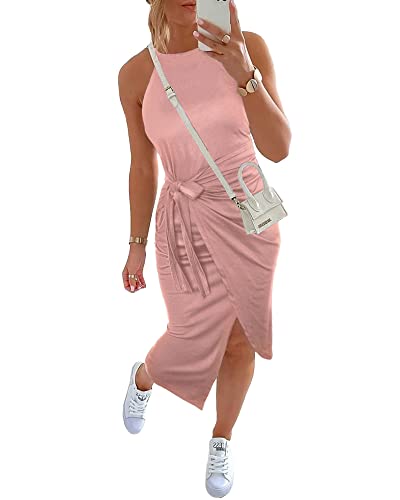 Image of NOLLSOM Women Casual Sleeveless Striped Tank Midi Dresses Halter Neck Ruched Bodycon Dresses Tie Waist T Shirt Summer Dress