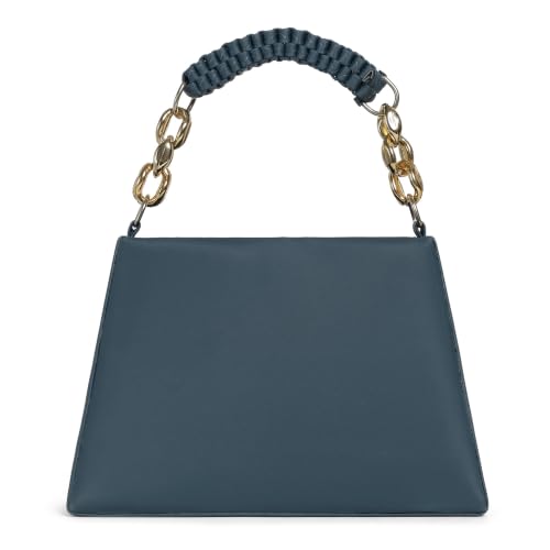 Image of Black Structured Handbag with Gold Chain Handle and Woven Crossbody Strap, Faux Leather