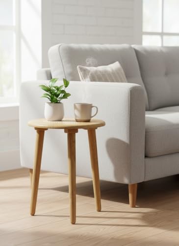 Image of Solid Wood Round Side Table for Living Room | Compact Sofa End Table with 3 Legs | Minimalist Wooden Accent Table for Bedroom Balcony Office Home Decor (Natural, 12X16 Inches)