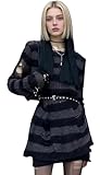 Punk Gothic Long Sweater Dress for Women Hollow Out Y2k Striped Pullover Top Black and Grey