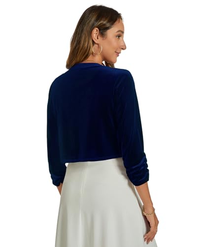 Image of Womens Velvet Bolero Shrug Elegant Open Front Ruched 3 /4 Sleeve Cocktail Party Cropped Cardigan