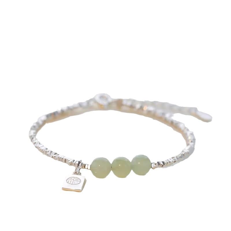 LRESJJIUJ Hotan Jade Beads Bracelet Pure Silver Hetian Jade Fu Pendant Beaded Bracelet - Stylish and Elegant Lucky Jewelry Green Jade Good Fortune Fu Symbol Dainty3